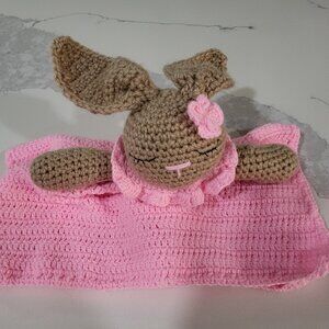 Bunny - Security Blanket – Pink & Brown, 14 Inch Handmade Lovey -Hand-Knitted